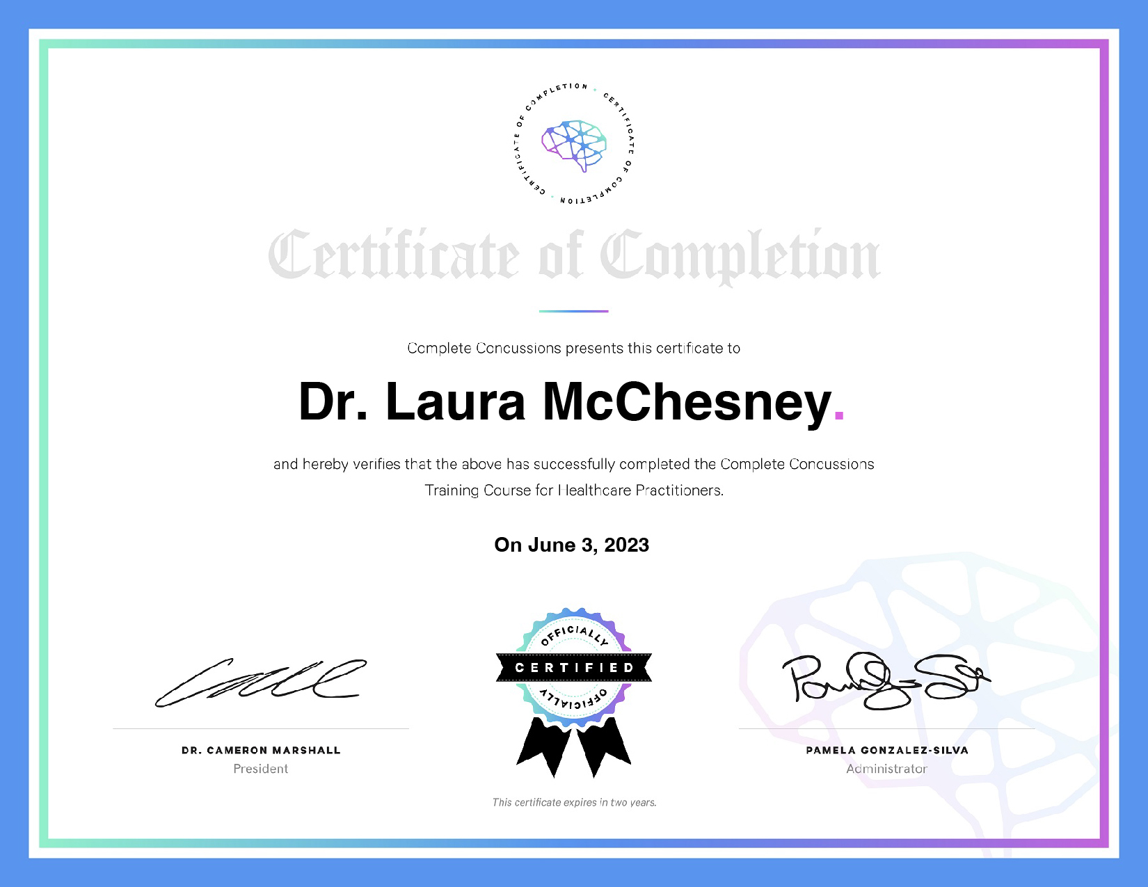 Dr. Laura McChesney Final Exam for Final Exam for Physical Therapists PT DC 038 AT Rebrand Training Course for Healthcare Professionals Complete Concussion Management In